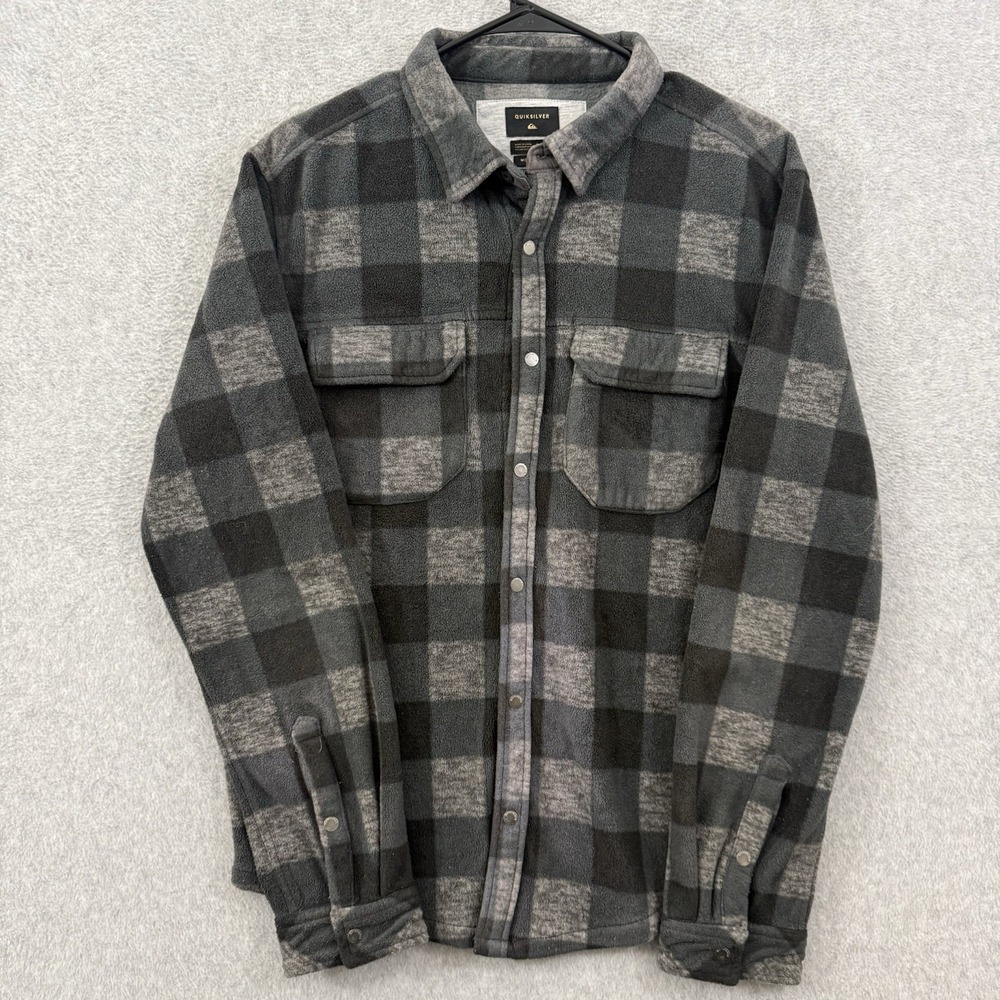 Quiksilver Shirt Jacket Men M  Gray Buffalo Plaid Shacket Long Sleeve Button Up